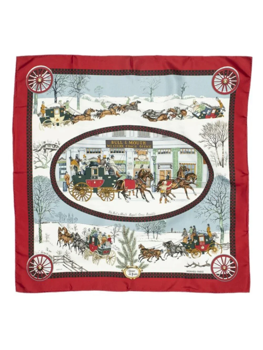 ★SOLD★ Hermes Scarf Red Ivory Green Silk - Picture 2 of 5